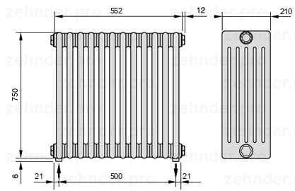 Схема (чертеж) Радиатор Zehnder Charleston 6075/12 №3570 Белый глянцевый RAL 9016